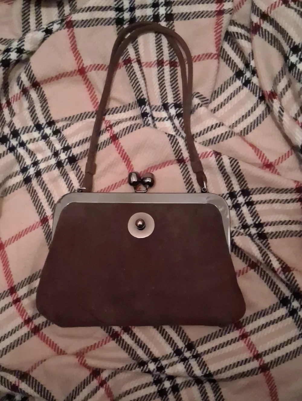 Vintage Chocolate Brown Faux Suede Kiss Lock Frame Purse by Saber 9.5x6.5